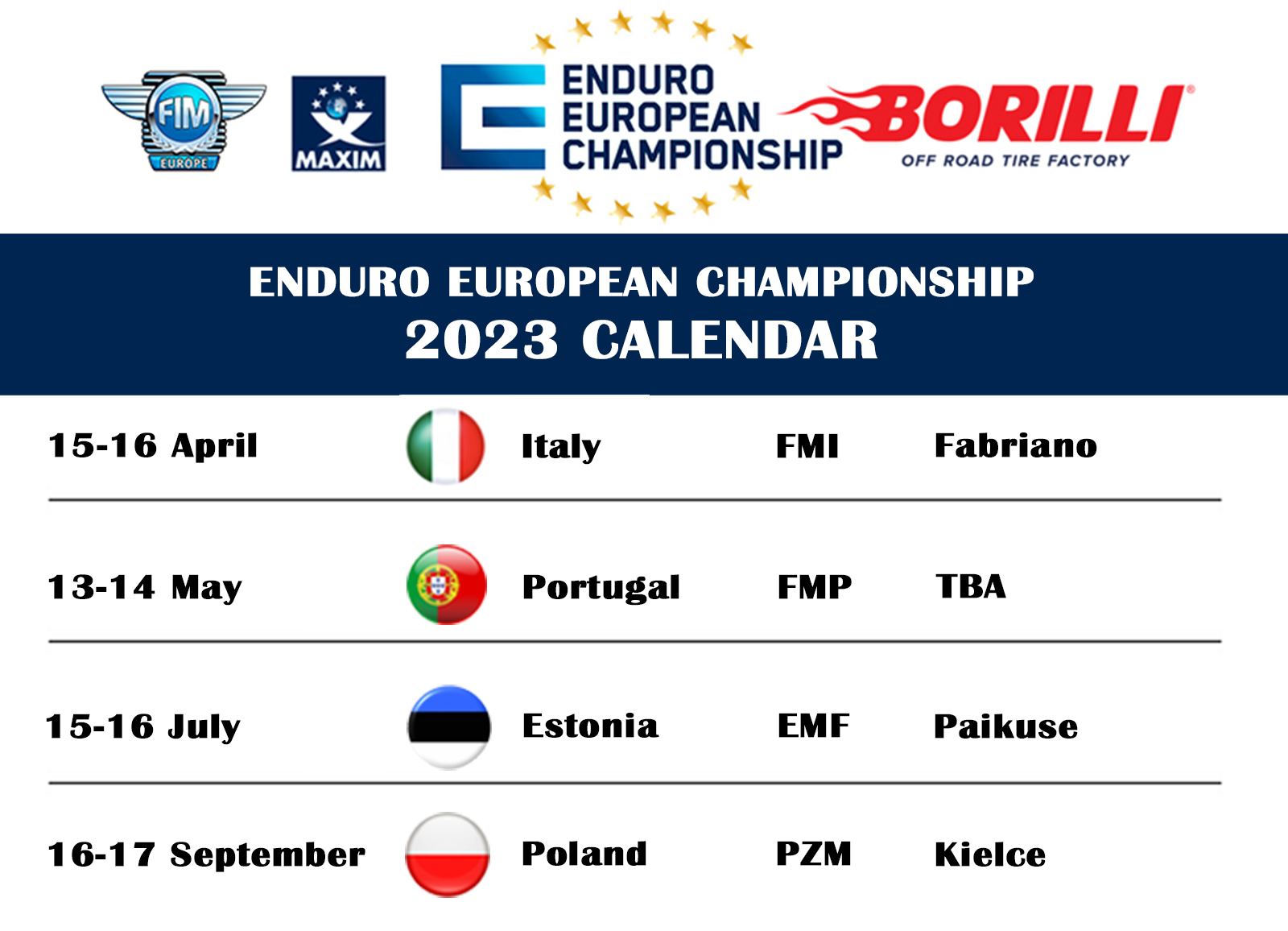 Borilli Enduro Europameisterschaft: Kalender 2023